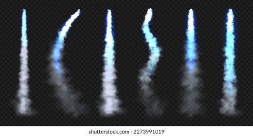 Realistic blue space rocket trails. Festive fireworks launch. Fire burst, explosion. Missile or bullet trail. Jet aircraft tracks. Smoke clouds, fog. Steam flow. Vector illustration