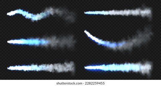 Realistic blue space rocket trails. Festive fireworks launch. Fire burst, explosion. Missile or bullet trail. Jet aircraft tracks. Smoke clouds, fog. Steam flow. Vector illustration