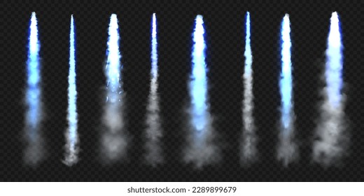 Realistic blue space rocket trails. Festive fireworks launch. Fire burst, explosion. Missile or bullet trail. Jet aircraft tracks. Smoke clouds, fog. Steam flow. Vector illustration