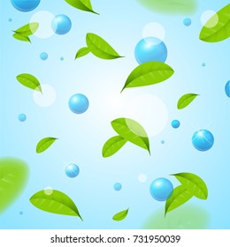 Realistic Blue Sphere or Bubble Elements and Fly Vivid Green Leaves Background for Web Design Symbol Element Natural, Water or Air. Vector illustration