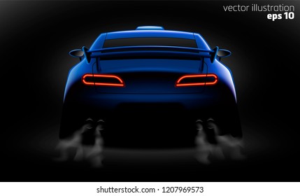 realistic blue sport car back view with unlocked rear lights in the dark