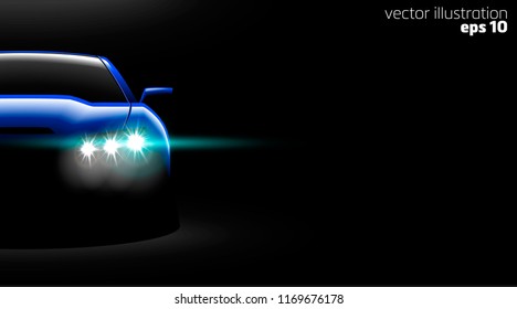 realistic blue sport car view with unlocked headlights in the dark