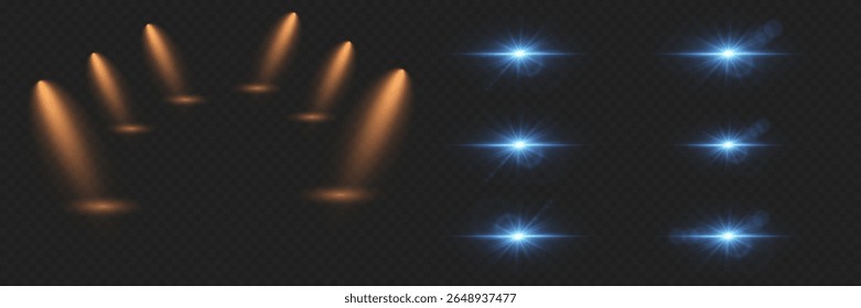 Feixes realísticos de luz azul e efeitos de brilho. Em um plano de fundo transparente