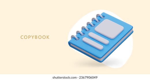 Realistic blue spring notebook. Copybook with blank cover, mockup. Place for label, logo, picture, text. Beautiful and comfortable modern stationery. Advertising vector concept