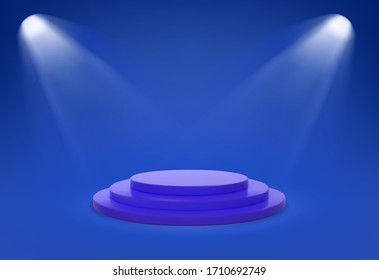 Realistic blue stage podium. Round winner pedestal. Illuminated place with spotlight. 3d empty platform. Vector illiustration.