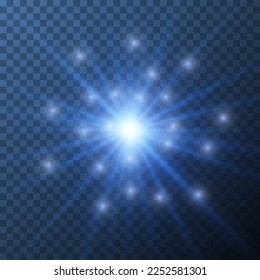 Realistic blue starburst lighting with sparkling particles isolated on transparent background. Bright star illuminated. Flare effect with ray sparkles. Glowing light burst explosion. Vector