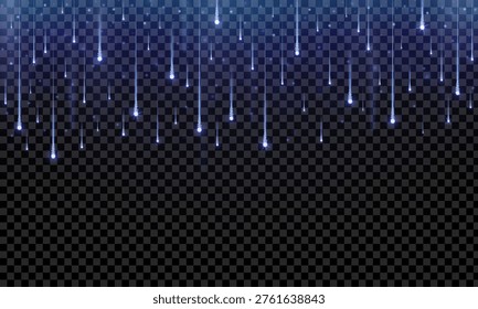 Realistic blue starfall isolated on transparent background. Stars, glitter, sparkles fireworks falling down. Festive celebration element. Vector illustration