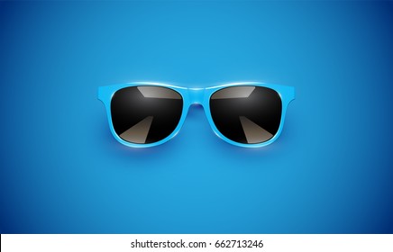 Realistic blue sunglasses on blue background, vector illustration