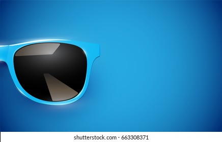 Realistic blue sunglasses on blue background, vector illustration