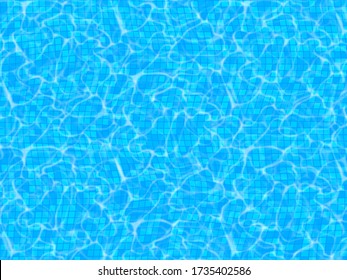 Realistic blue swimming pool with tile and water surface texture, flow waves. Blue water background. Vector illustration.