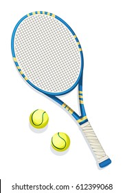 Realistic blue tennis racket and few tennis balls, isolated on white, vector illustration