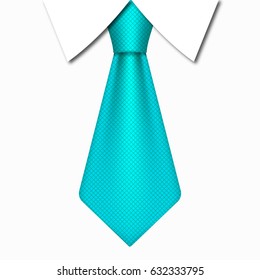 Realistic Blue Tie In Striped Shirt With White Collar Shirt. Vector Business Illustration On White Background.