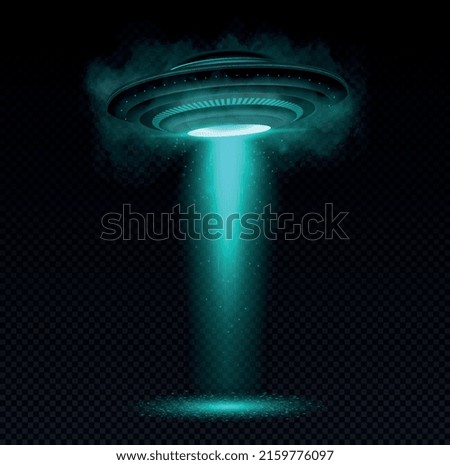 Realistic blue UFO. Beam of light from sky, destruction of people and property. Fantasy and imagination, space and galaxy, universe. Futuristic images, innovation. Isometric vector illustration