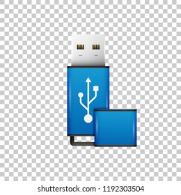 Realistic Blue USB flash drive isolated object on transparent background. Vector Illustration
