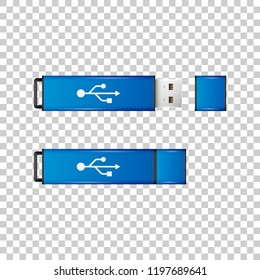 Realistic Blue USB flash drive isolated object on transparent background. Vector Illustration