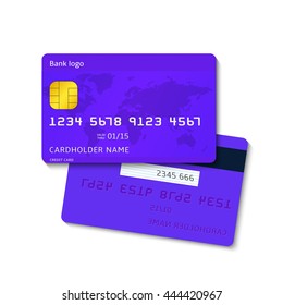 Realistic blue vector credit card, two sides isolated on white background. Banking finance concept. Detailed glossy cards, business design