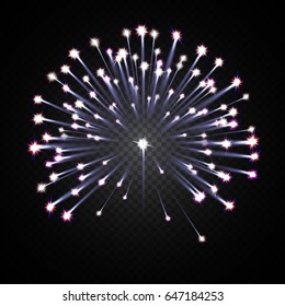 Realistic blue vector firework isolated on dark transparent background.