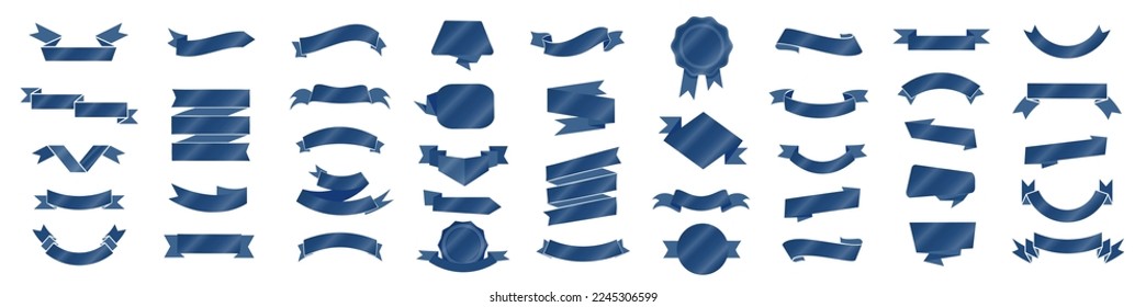 Realistic blue Vector Ribbons Set. Vintage glossy ribbons collection.