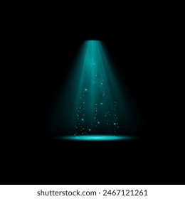 Realistic blue vertical beam light effect, smoke and particles from alien spaceship, UFO vector illustration. Glowing bright portal illumination and rays in darkness. Spotlight technology, Sci-fi