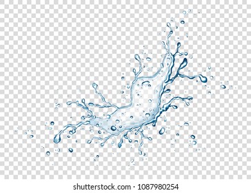 Realistic blue water splash and drops isolated on transparent background. Vector texture.