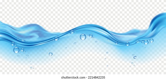 Realistic blue water wave with bubbles on transparent background vector illustration