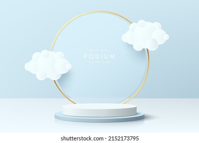 Realistic blue and white 3D cylinder pedestal podium with white cloud flying. Pastel minimal scene for mockup products, stage for showcase, promotion display. Vector geometric forms. Abstract room.