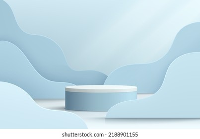 Realistic blue and white 3D cylinder pedestal podium with blue wavy shape layers background. Abstract minimal scene for mockup products, stage for showcase, promotion display. Vector geometric forms.