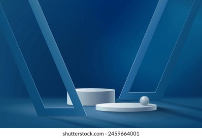 Realistisches blaues, weißes 3D Zylinder Podest mit geometrischen Formen. Abstrakte Minimalszene für Mockup-Produkte Display, Showcase Bühne. 