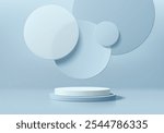 Realistic blue, white 3D cylindrical podium background with floating overlap round backdrop. Minimalist mockup pedestal, Abstract product display presentation, Stage showcase. Platforms vector design