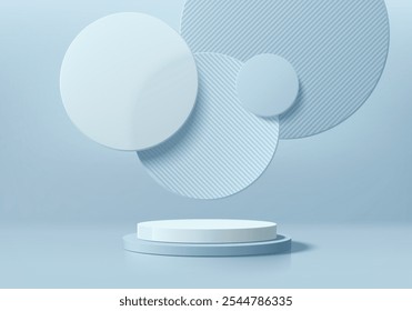 Realistic blue, white 3D cylindrical podium background with floating overlap round backdrop. Minimalist mockup pedestal, Abstract product display presentation, Stage showcase. Platforms vector design