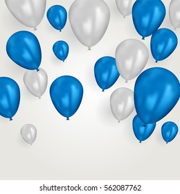 Realistic blue and white birthday balloons flying for party or celebrations. Space for message. Isolated on light background