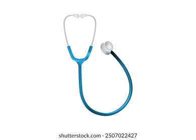 A realistic blue and white stethoscope on a plain white background, symbolizing medical equipment, healthcare, and the medical profession.