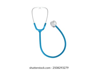 A realistic blue and white stethoscope on a plain white background, symbolizing medical equipment, healthcare, and the medical profession.