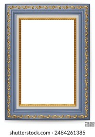 Realistic blue wooden vintage frame on white background.  Rectangle frames mockup. Classic Photo wood frame. Dark blue border for painting, poster, and photo gallery. 3d vector illustration.