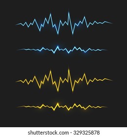 Realistic blue and yellow electric lightning. Vector special effects design elements.