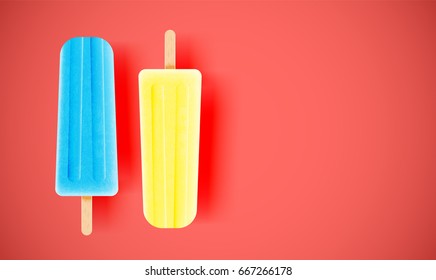 Realistic blue and yellow ice creams on red background, vector illustration