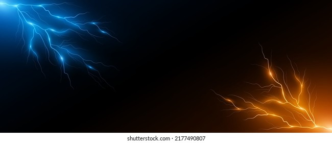 Realistic blue and yellow lightning effect on black background. Thunderbolt with rays of light. Template for your cover. Thunderstorm effect. Vector illustration. EPS 10