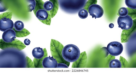 Realistischer Hintergrund für Blaubeeren mit frischen reifen Beeren, grünen Blättern und unscharfen Elementen, Vektorgrafik