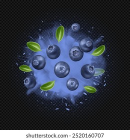 Realistic blueberry with leaves flying on blue berry explosion on dark transparent background. Fresh violet splash for product package design.