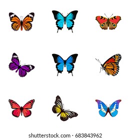 Realistic Bluewing, American Painted Lady, Common Blue And Other Vector Elements. Set Of Butterfly Symbols Also Includes American, Pink, Purple Objects.