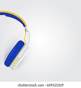 Realistic blue/yellow headphones, with wires on white background, vector illustration