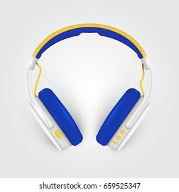 Realistic blue/yellow headphones, with wires on white background, vector illustration