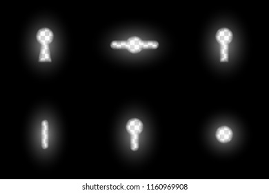 Realistic Blurred Dark Keyhole Design Element Set, Various Overlay Templates With Glowing Key Hole Transparent Aperture, Abstract Secret, Opportunity Or Spying Graphical Motive