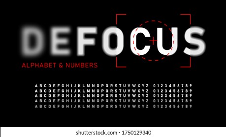 Realistic blurred font. Alphabet with focused and defocused letters and numbers. Bold letters isolated on black background. Vector illustration