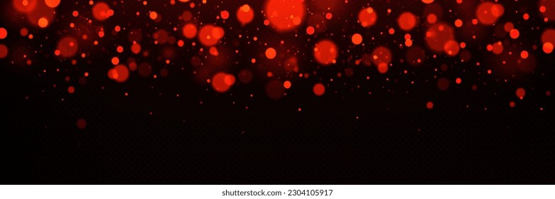 Luces rojas borrosas realistas que brillan sobre el fondo negro. Ilustración vectorial de la guirnalda navideña abstracta, el polvo mágico de brillo, las luciérnagas fantasmas se desenfocan por la noche. Diseño de revestimiento de banners festivos