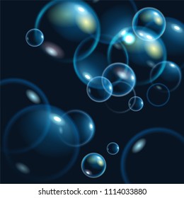 Realistic blurred soap bubbles with rainbow reflection and glares. Vector illustration.