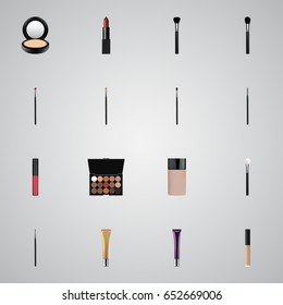 Realistic Blusher, Brush, Eye Paintbrush And Other Vector Elements. Set Of Cosmetics Realistic Symbols Also Includes Cosmetics, Multicolored, Concealer Objects.