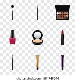 Realistic Blusher, Cosmetic Stick, Collagen Tube And Other Vector Elements. Set Of Greasepaint Realistic Symbols Also Includes Eyeshadow, Varnish, Palette Objects.