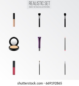 Realistic Blusher, Day Creme, Liquid Lipstick And Other Vector Elements. Set Of Cosmetics Realistic Symbols Also Includes Blusher, Powder, Highlight Objects.