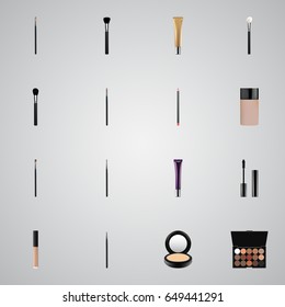 Realistic Blusher, Eye Paintbrush, Collagen Tube And Other Vector Elements. Set Of Cosmetics Realistic Symbols Also Includes Blending, Concealer, Cream Objects.